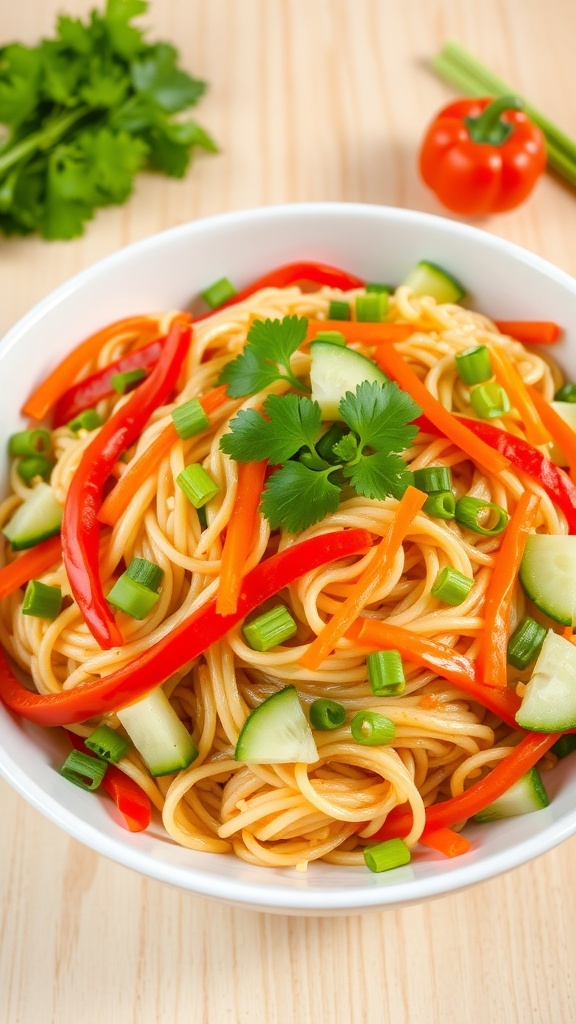 A vibrant noodle salad with colorful vegetables and noodles in a bowl, garnished with cilantro and green onions.